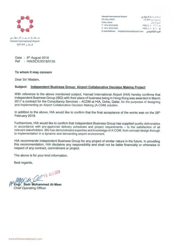 HIA Letter of appreciation for A-CDM Implementation to IBG